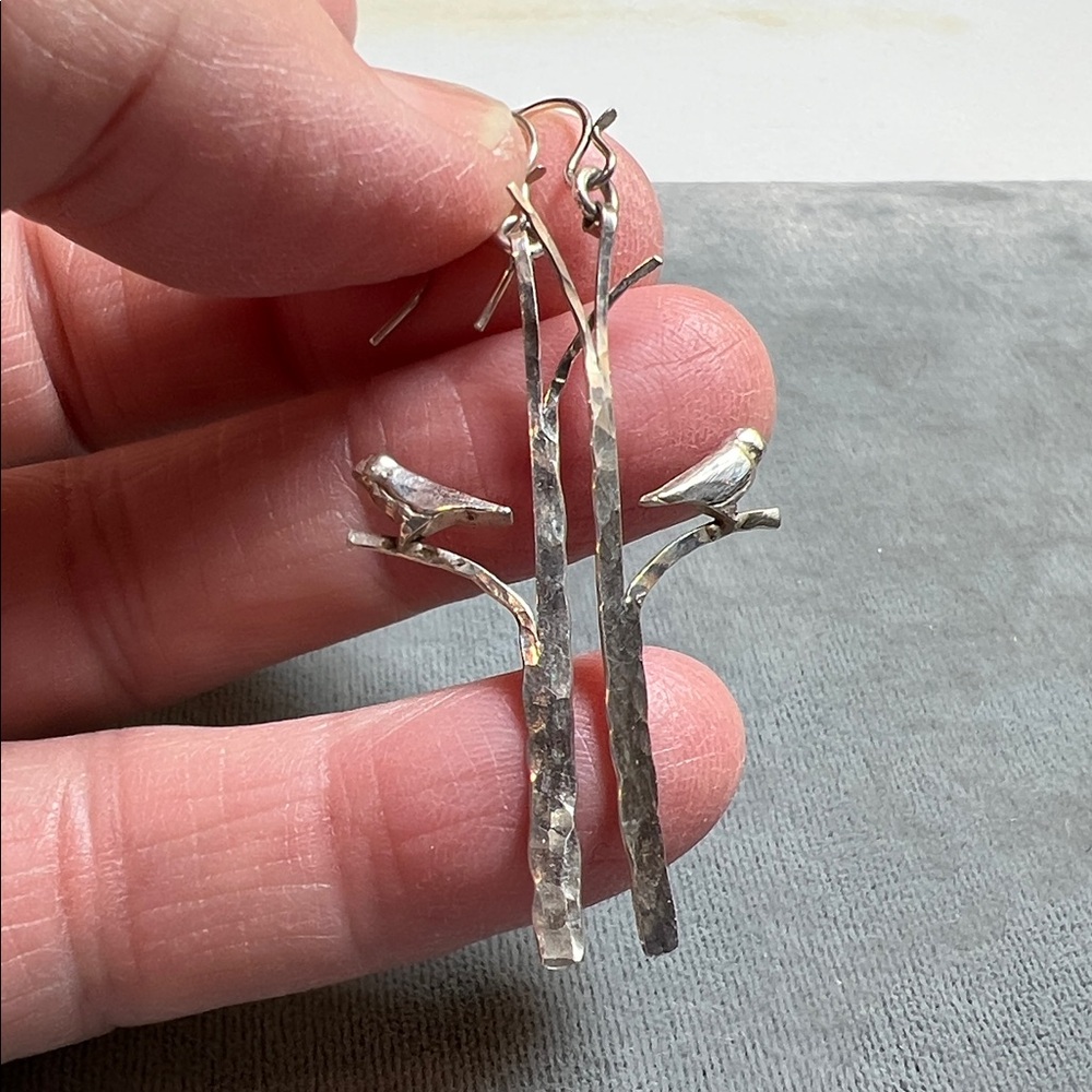 Artisan dangle earrings, bird on a branch, Sterling Silver, finely detailed